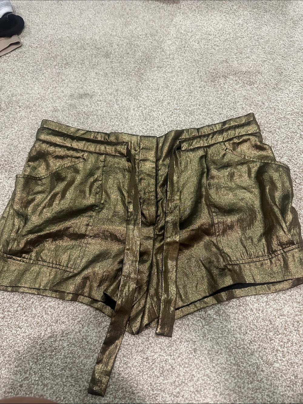 BCBGMaxAzria Metallic Olive High-Waist Tie Front Shorts